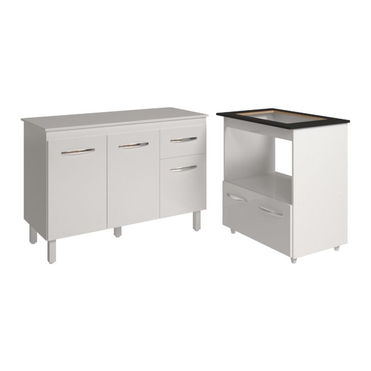Balcão Armário Gabinete Aline 118 cm com Tampo Tampão e Balcão Evelyn para Cooktop 4 Bocas Branco