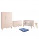 Dormitório Theo Retrô 3 Portas, Cômoda 1 Porta, Berço, Mesa de Apoio Rosa Fosco com Pés Madeira Natural e Colchão - Reller Móveis