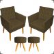 Kit 2 Poltronas Decorativas Nina Com Base E Capitonê + 2 Puff Redondo Suede Marrom Pé Castanho - Clique E Decore