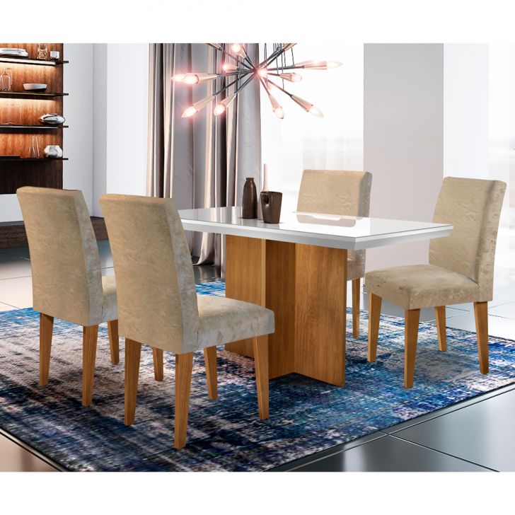 Conjunto De Mesa De Jantar Berlim Iii Com Vidro 4 Cadeiras Grécia Suede Chocolate E Off White