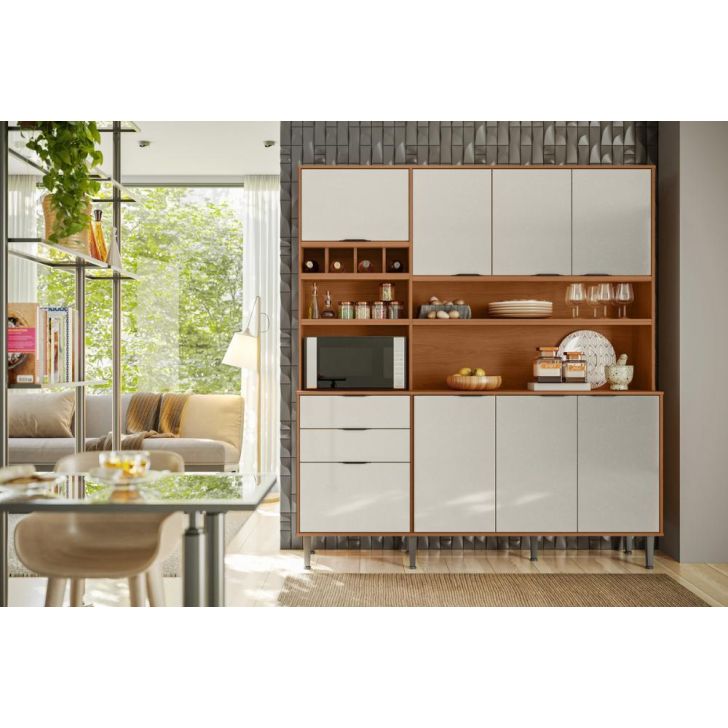 Cozinha Praga 7 Portas 3 Gaveteiros C/ Espaço Para Microondas E Vinhos -  Jequitiba/Off White