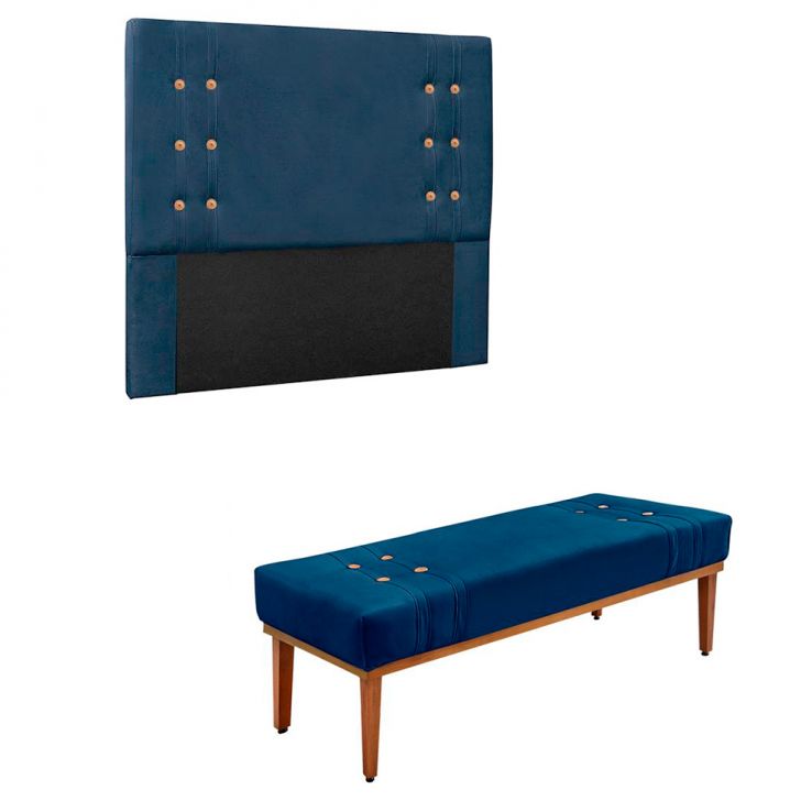 Conjunto de Cabeceira Solteiro com Recamier Gênova Suede Azul