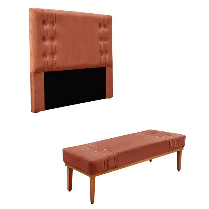 Conjunto de Cabeceira Solteiro com Recamier Gênova Veludo Cobre