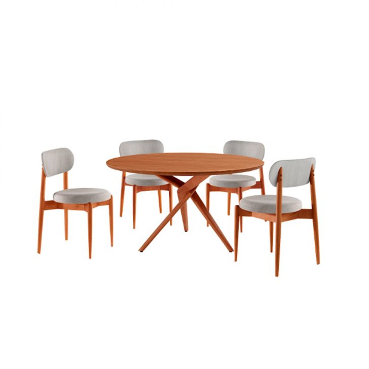 Conjunto De Mesa Redonda Com Tampo Em Madeira Miami E 4 Cadeiras Miami Soft Linho Quartzo E Cinamomo