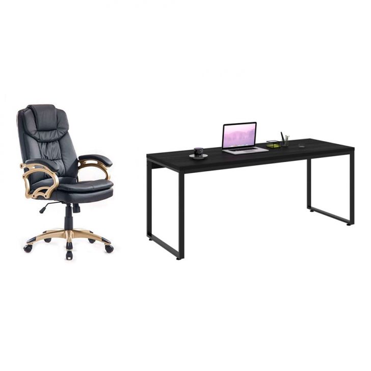 Conjunto de Mesa Kuadra com Cadeira de Escritório Presidente Giratória com Relax Clark Preta e Dourada