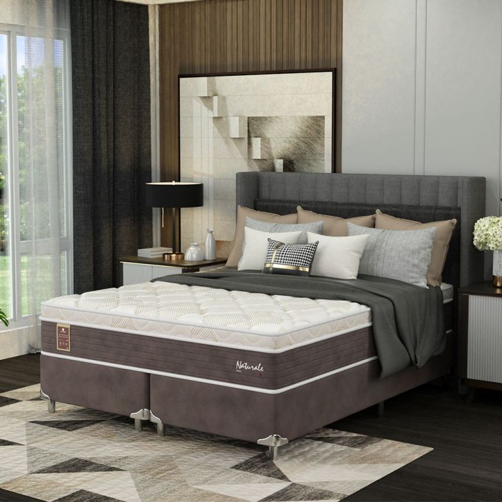 Cama Box Queen Naturale Com Colchão Molas Ensacadas (67x158x198) Marrom E Branca