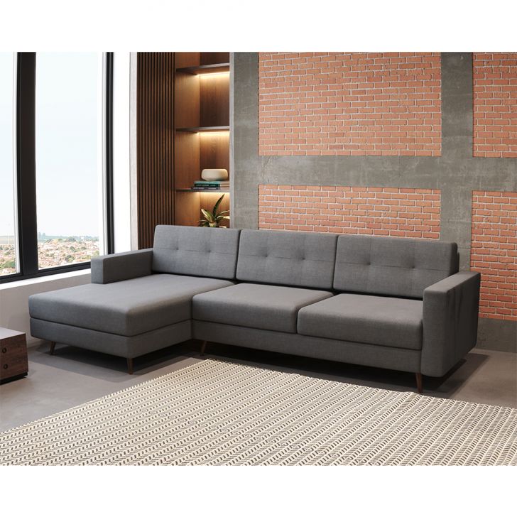 Sofá 3 Lugares Esquerdo Living Com Chaise Esquerdo Pé Palito Linho Cotton Cinza