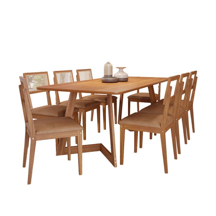 Conjunto De Mesa Retangular Com Tampo Mdf Caju E 8 Cadeiras Palmas Revestimento Sintético Marrom E Cinamomo