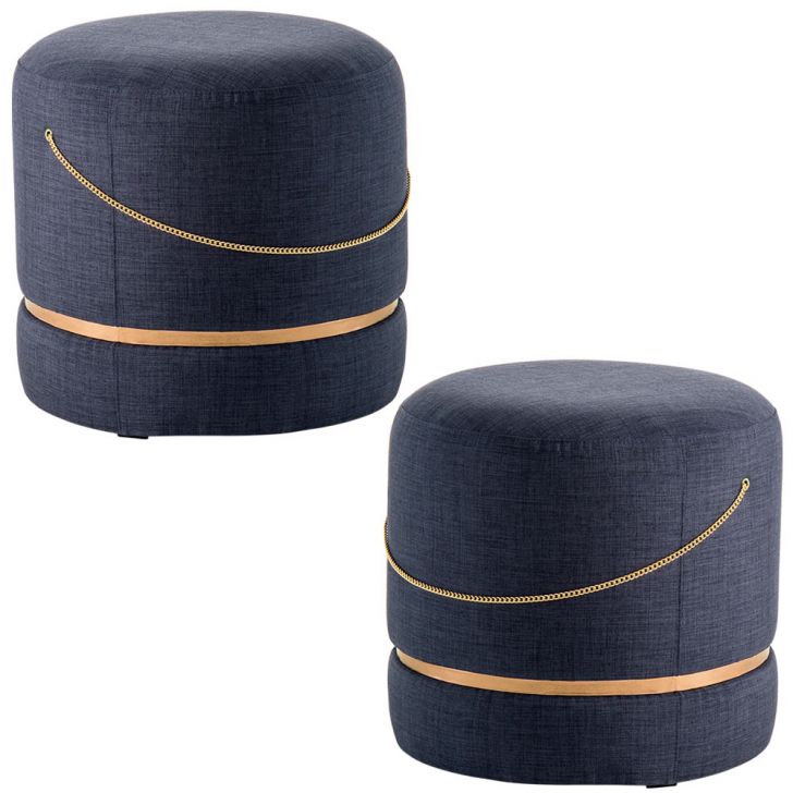 Kit 2 Puffs Decorativos Redondos Ryu Azul/Dourado G66 - Gran Belo