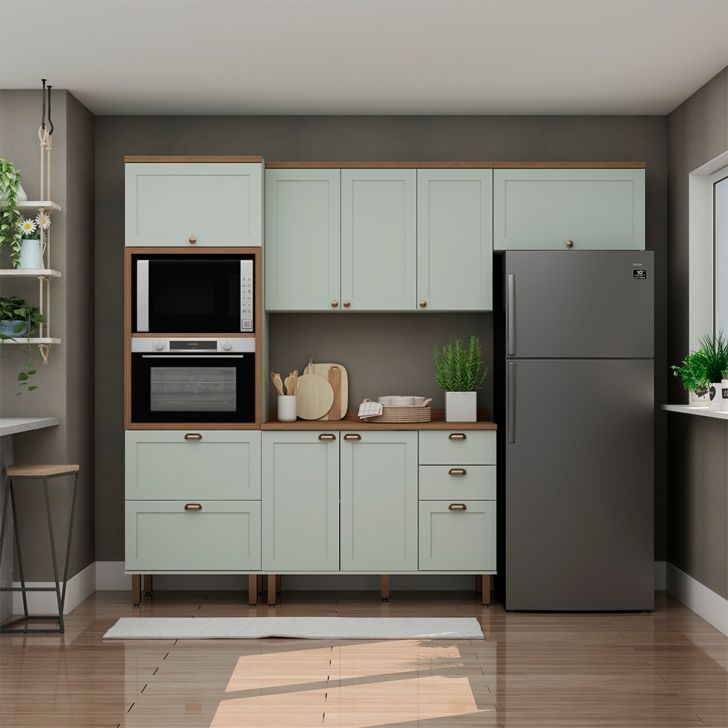 Image of Cozinha Compacta Iluminata 8 Portas 4 Gavetas Verde Mint E Ébano PLA-GE995CL08URRMOB