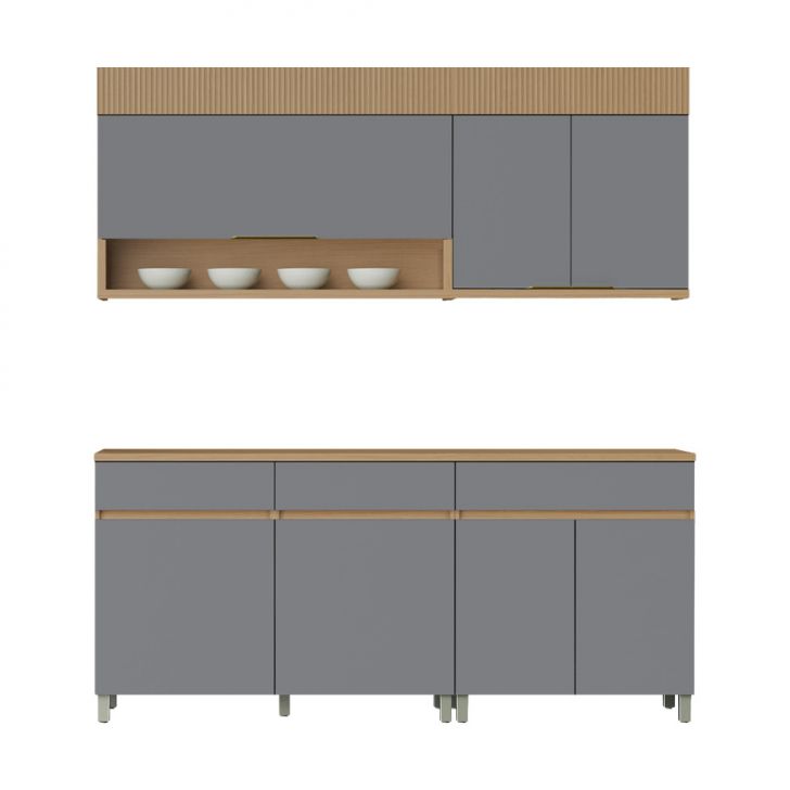 Cozinha Compacta 100% MDF Realeza Premium 7 Portas 3 Gavetas Titânio e Carvalho