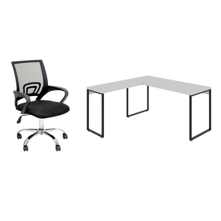 Conjunto de Mesa Kuadra Branca II 150 cm com Cadeira de Escritório Secretária Giratória Javix Preta