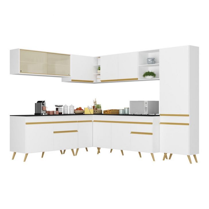 Armário de Cozinha Completa de Canto Veneza Multimóveis V2065  Branco/Dourado