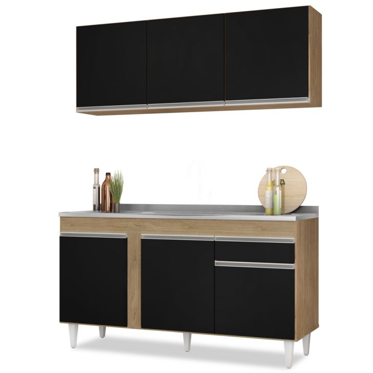 Armário Aéreo Argélia e Balcão Gabinete com Pia Inox 150cm Dakota Castanho/Preto - Lumil