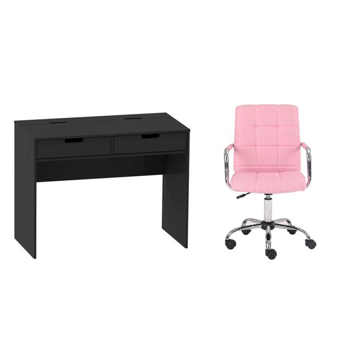 Conjunto de Mesa New Preta com Cadeira de Escritório Secretária Giratória Fitz Rosa