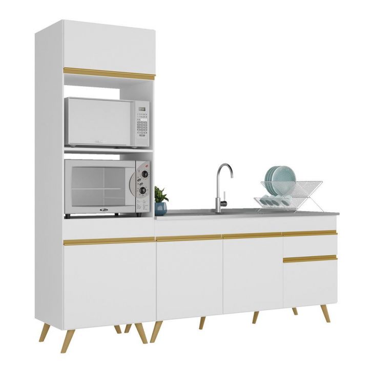 Armário de Cozinha Compacta 212cm Veneza Multimóveis V2078 Branco/Dourado