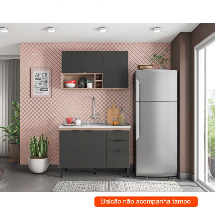 Cozinha Compacta Firenze I 5 Portas 2 Gavetas Avena e Grafito