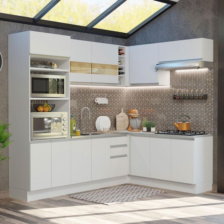 Cozinha Completa de Canto Madesa Glamy 419001 com Armário e Balcão (Sem Tampo e Pia) - Branco