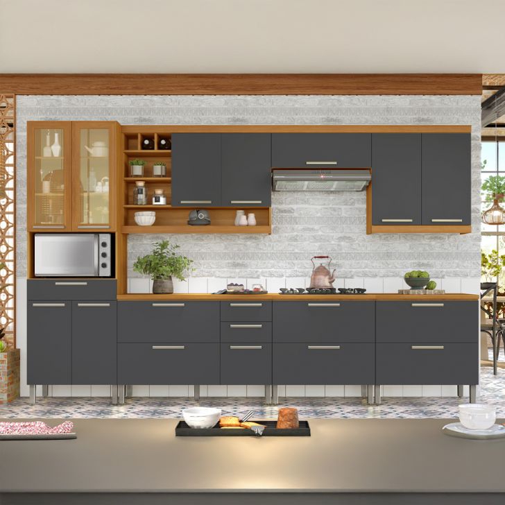 Cozinha Compacta Burguesa Premium com Vidro Reflecta 13 Portas 6 Gavetas Freijó e Grafite