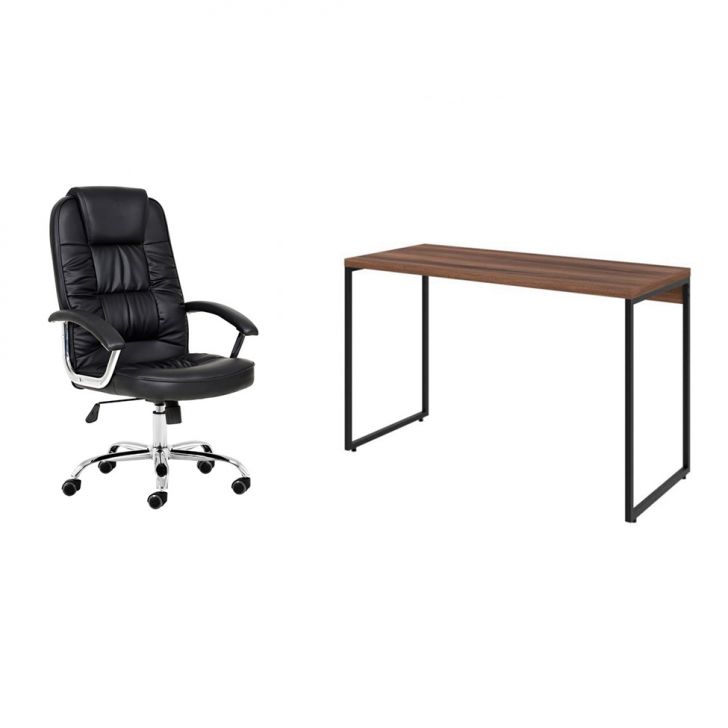 Conjunto de Mesa Studio Nogal 120 cm com Cadeira de Escritório Presidente Giratória com Relax Finland Preta