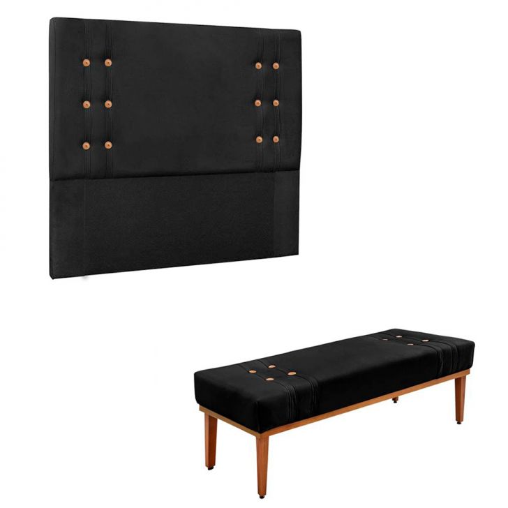 Conjunto de Cabeceira Casal com Recamier Gênova Suede Preto