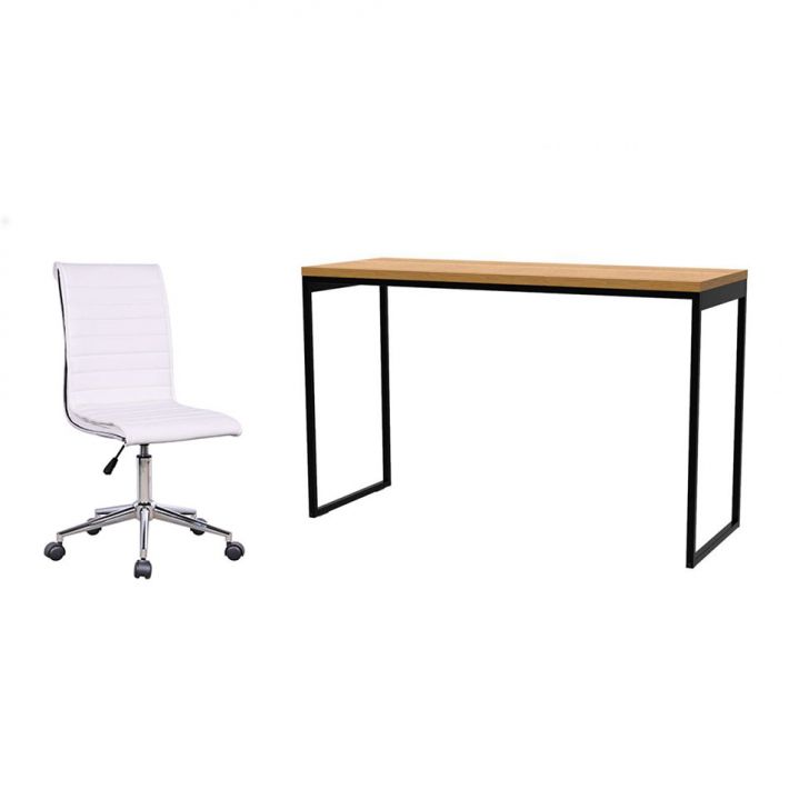 Conjunto de Mesa Stanford Amêndoa e Preta 120 cm com Cadeira de Escritório Secretária Giratória Marilyn Branca
