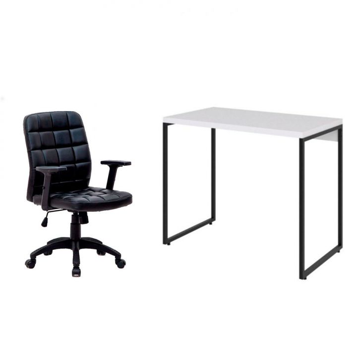 Conjunto de Mesa Studio Branca e Preta com Cadeira de Escritório Diretor Giratória Fitz com Braços Ajustáveis Preta