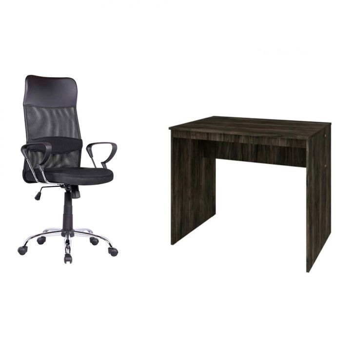 Conjunto de Mesa Office Carvalho Dark com Cadeira de Escritório Diretor Giratória Vancouver Preta