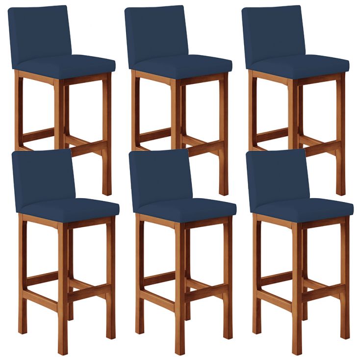 Kit 06 Banquetas Altas Para Cozinha Sala De Jantar Fixa Alya L02 Suede Azul Marinho - Lyam Decor