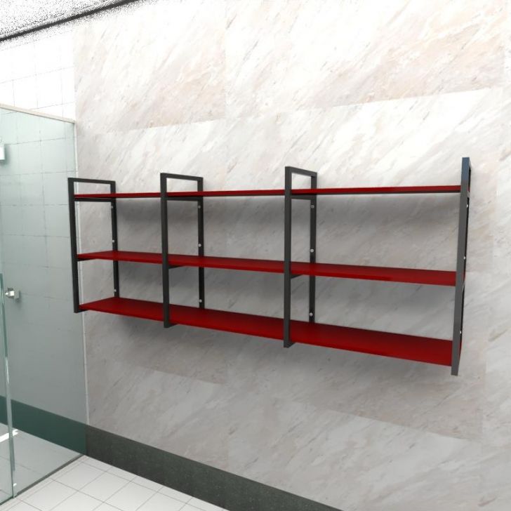 Prateleira Industrial Banheiro Aço Preto 180X30X68cm Cxlxa MDF Vermelho Modelo Ind35Vrb