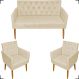 Kit Namoradeira + 2 Poltronas Decorativas Para Sala Nina Com Base E Capitonê Suede Bege Pé Castanho