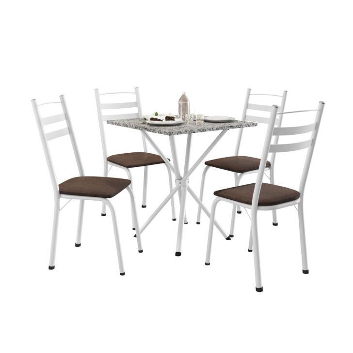 Conjunto De Mesa Quadrada Com Tampo Granito E 4 Cadeiras Léia Revestimento Sintético Imbuia E Branco