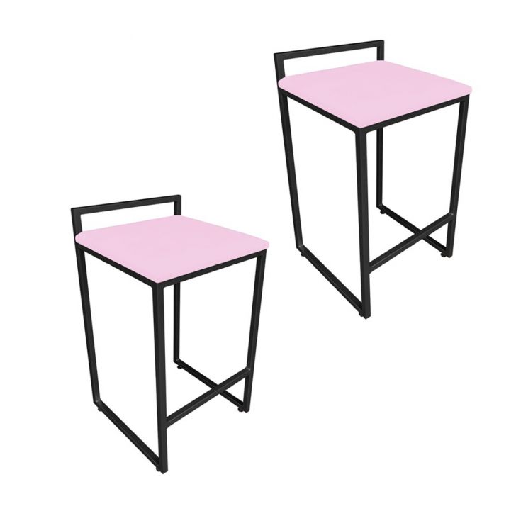 Conjunto 02 Banquetas Pietra Suede Rosa Bebê Base Preto D'Rossi