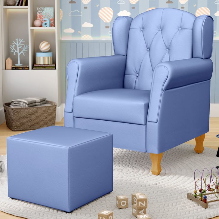 Poltrona de Amamentação e Descanso Pés de Madeira e Puff Lucy P04 Sintético Azul - Mpozenato