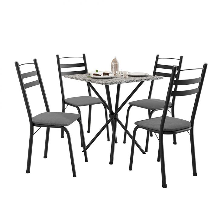 Conjunto de Mesa Quadrada com Tampo Granito e 4 Cadeiras Léia II Revestimento Sintético Preto e Platina