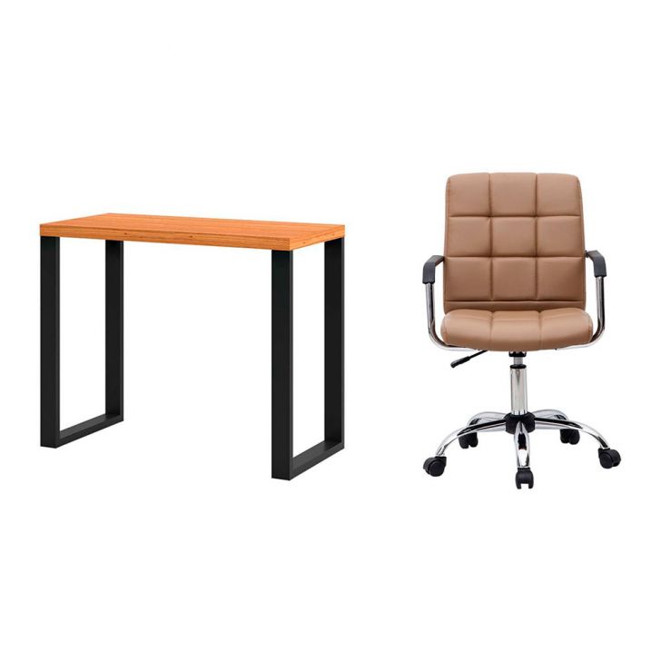 Conjunto de Mesa Anah Freijó e Preta com Cadeira de Escritório Secretária Giratória Fitz Marrom
