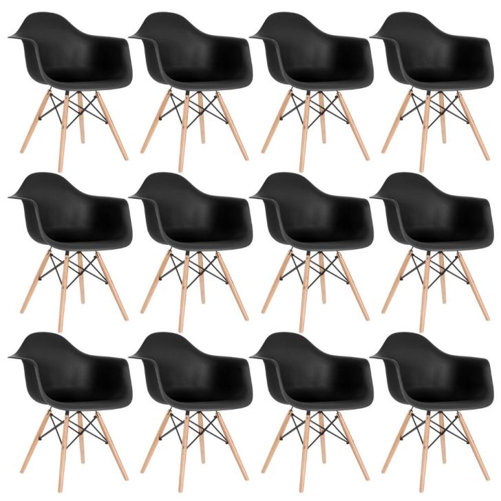 Kit 12 cadeiras Charles Eames Eiffel DAW com braços e pés de madeira clara Preto