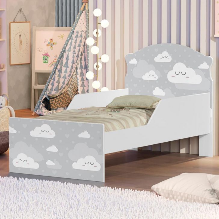 Mini Cama Nuvens Cinza Com Colchão