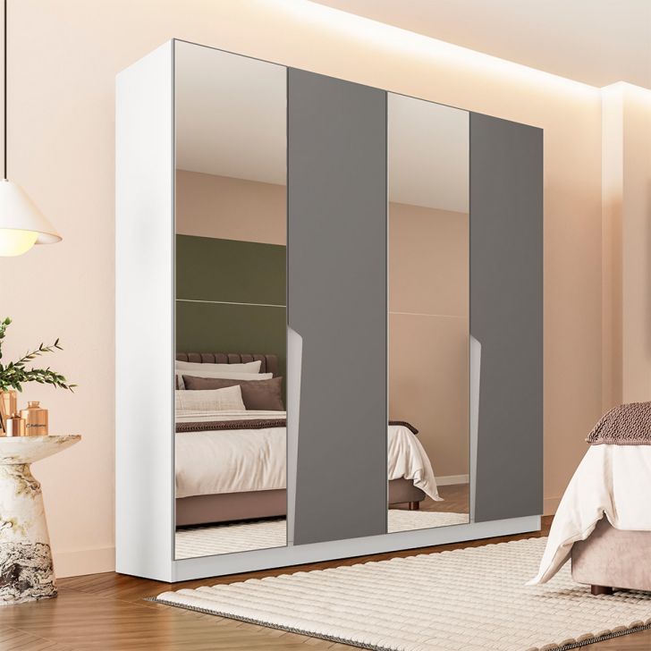 Guarda-roupa Casal Com Espelho Porto 4 Portas 4 Gavetas Branco E Cinza