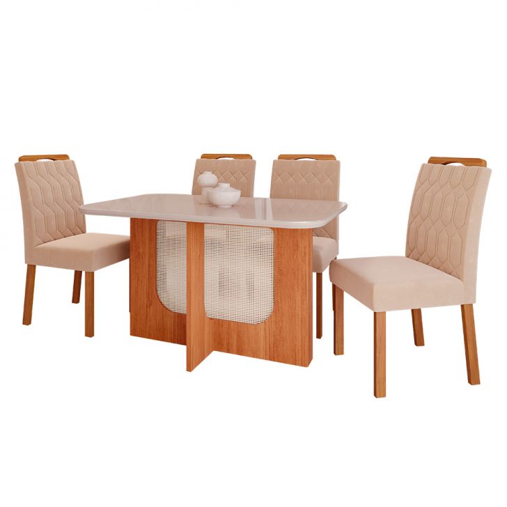 Conjunto De Mesa De Jantar Retangular Com Tampo De Vidro Off White Louise E 4 Cadeiras Paola Suede Nude E Cinamomo