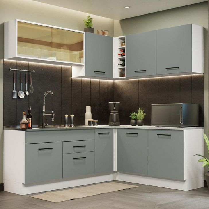 Cozinha Completa de Canto Madesa Agata 389001 com Armário e Balcão (Sem Tampo e Pia) - Branco/Cinza