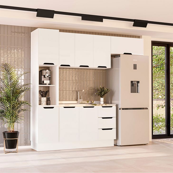 Cozinha Compacta Sem Tampo com Rodapé Meena 8 Portas 3 Gavetas Branca