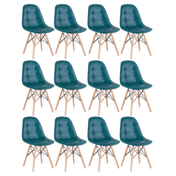 Kit 12 cadeiras estofadas Charles Eames Eiffel Botonê com pés de madeira clara Turquesa
