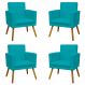 Kit 4 Poltronas Decorativas Reforçadas Para Sala Nina Com Base Suede Azul Turquesa Pé Castanho - Clique E Decore