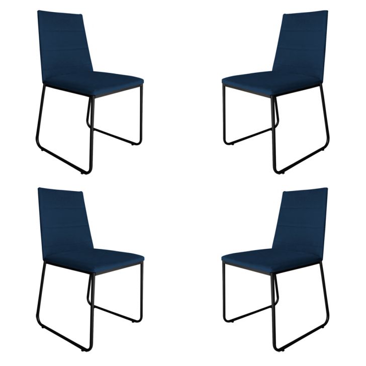 Kit 4 Cadeiras de Jantar Estofada Lille Base Preta Veludo Azul Marinho - Montanaris Decor