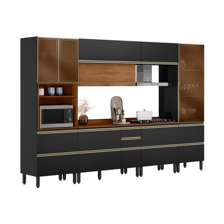 Armário de Cozinha Compacta com 3 Vidros Reflecta Proença 8 Portas 9 Gavetas Carbono e Nogueira