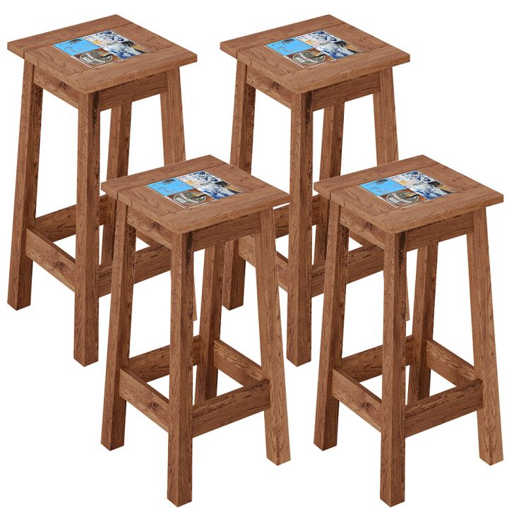 Kit 04 Banquetas Altas De Madeira Maciça Pinus Com Cerâmica Vintage Rústica W02 Imbuia - Lyam Decor
