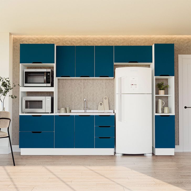 Cozinha Compacta sem Tampo com Rodapé e Paneleiro Meena 10 Portas 4 Gavetas Azul e Branca