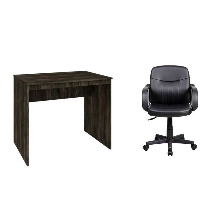 Conjunto de Mesa Office Carvalho Dark com Cadeira de Escritório Secretária Giratória Clean Preta