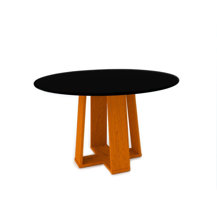 Mesa de Jantar Redonda com Tampo de Vidro Isabela Ipê e Preta 135 cm